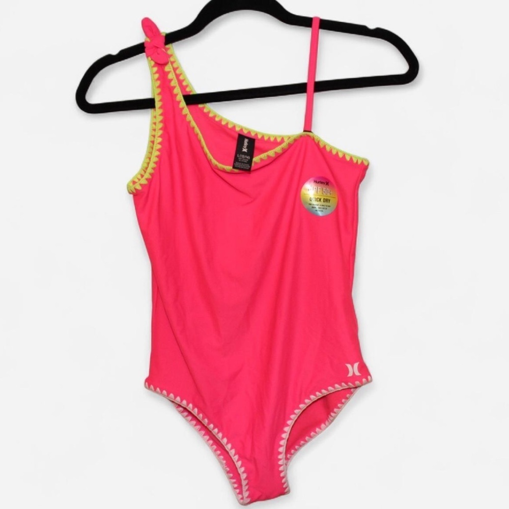 Hurley Neon Pink Swimsuit with Yellow Trim Girls Size Large 12/14